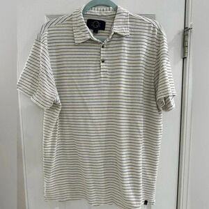 Even Tide Men’s Stripe Polo Shirt Size Large Fall Colors Blue Brown Stripe EUC